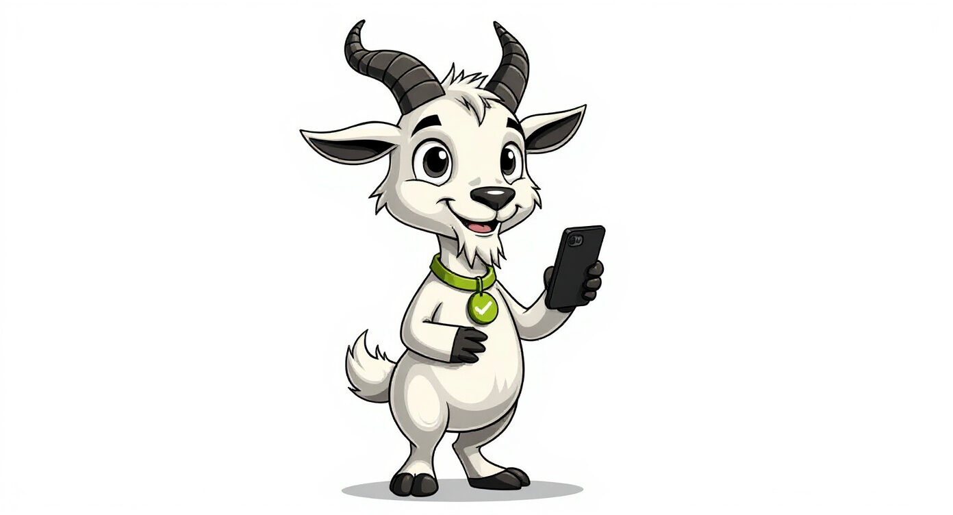TrustGoat-Maskottchen mit Smartphone